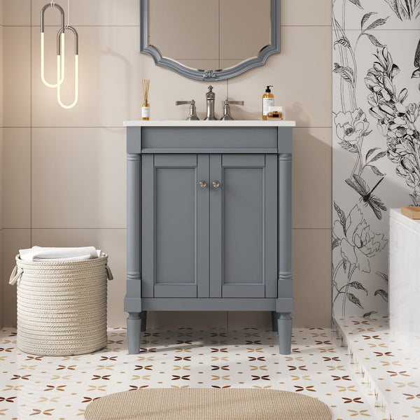 Modern Bathroom Vanity with Top Sink and 2-Tier Large Storage Shelves Cabinet