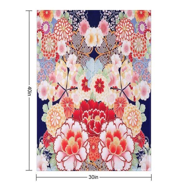 ANTIQUE JAPANESE FLOWERS Pink White Wild Roses Kimono Style Floral Throw Blanket