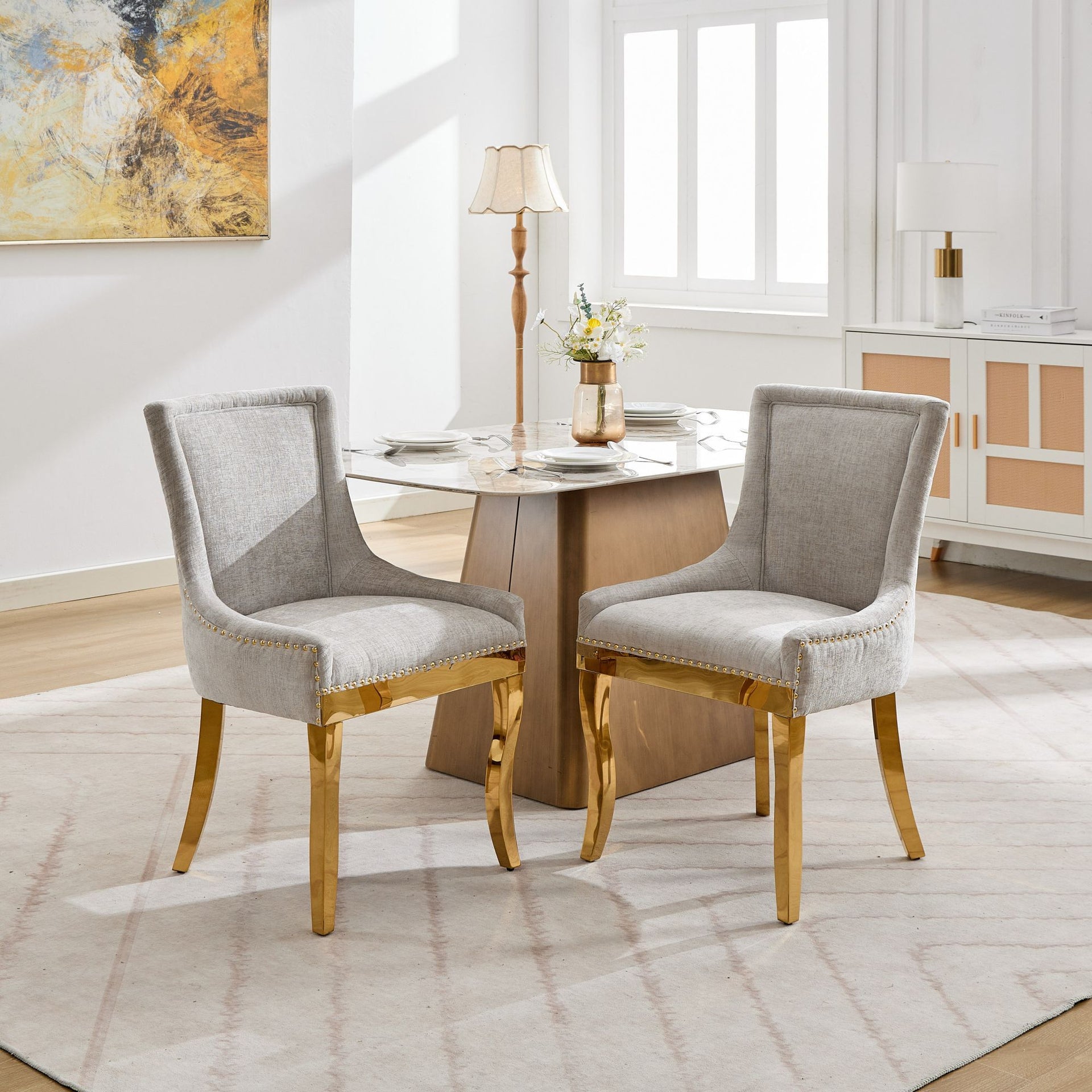 Chenille Dining Chairs Modern Style with Curved Gold-Plated Legs & Rivet Trim