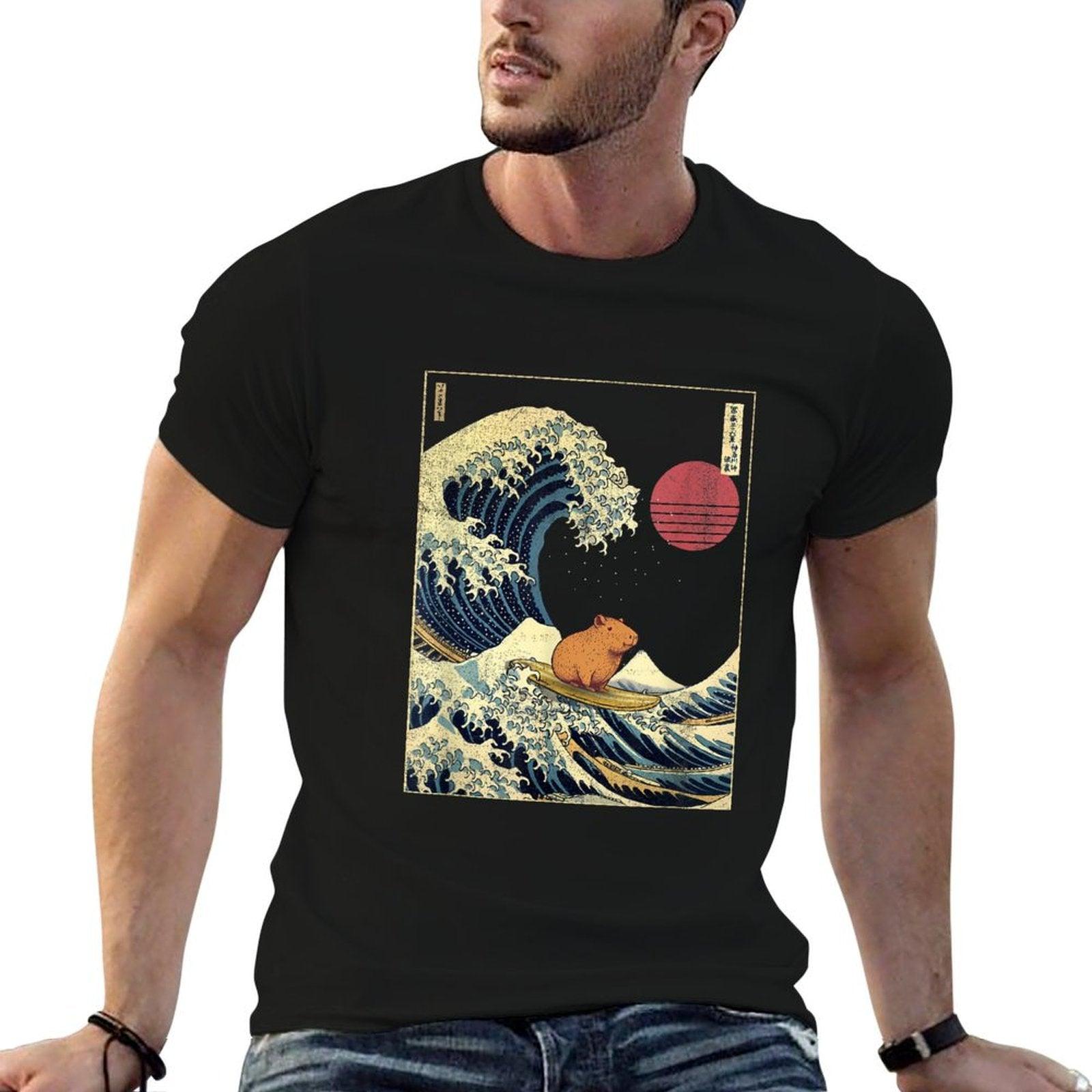 Capybara Japanese Kanagawa Wave Funny Surf Animal  Easy-care T-Shirt