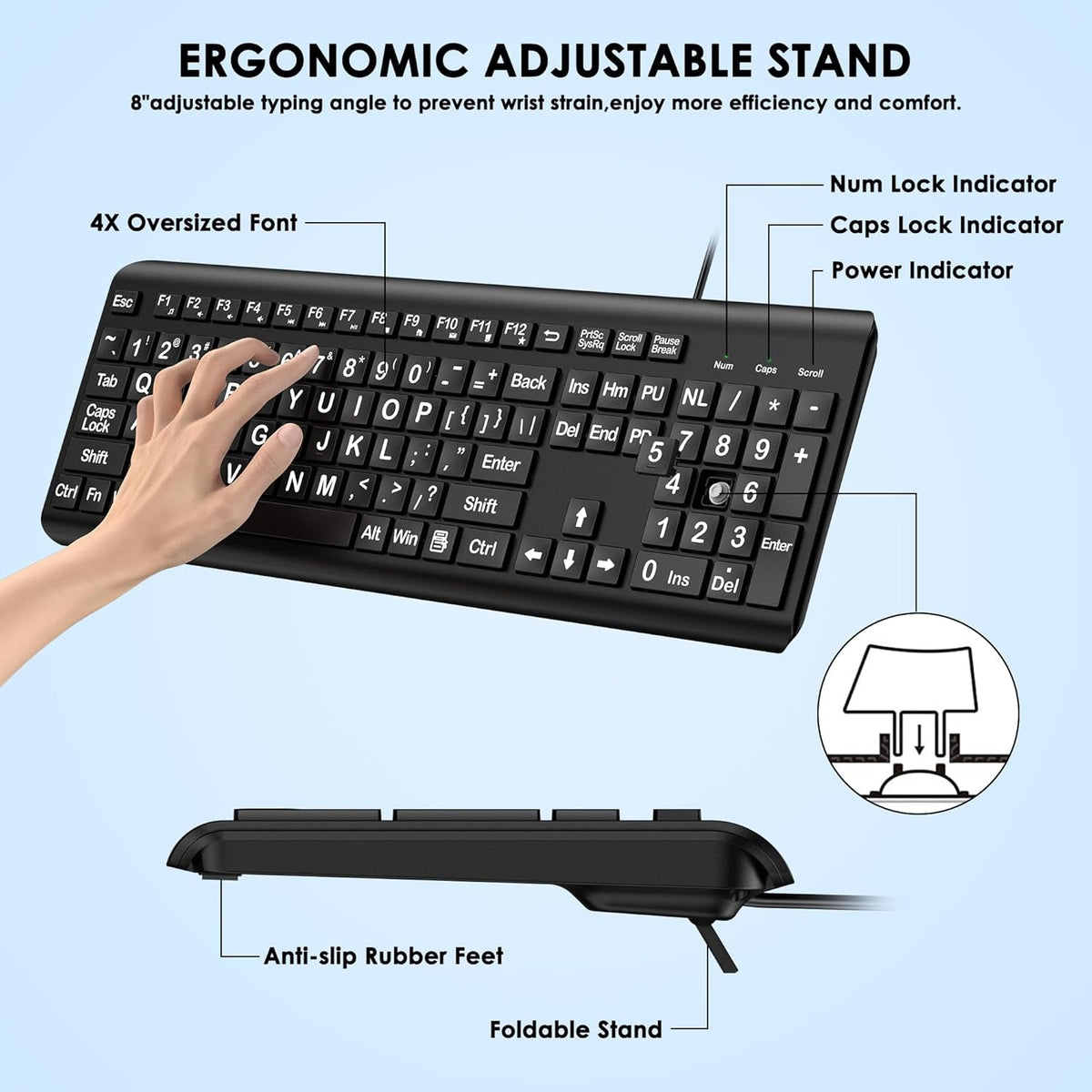 Large Print Wired Keyboard – 4X Oversized Letters for Visually Impaired, Seniors & Beginners