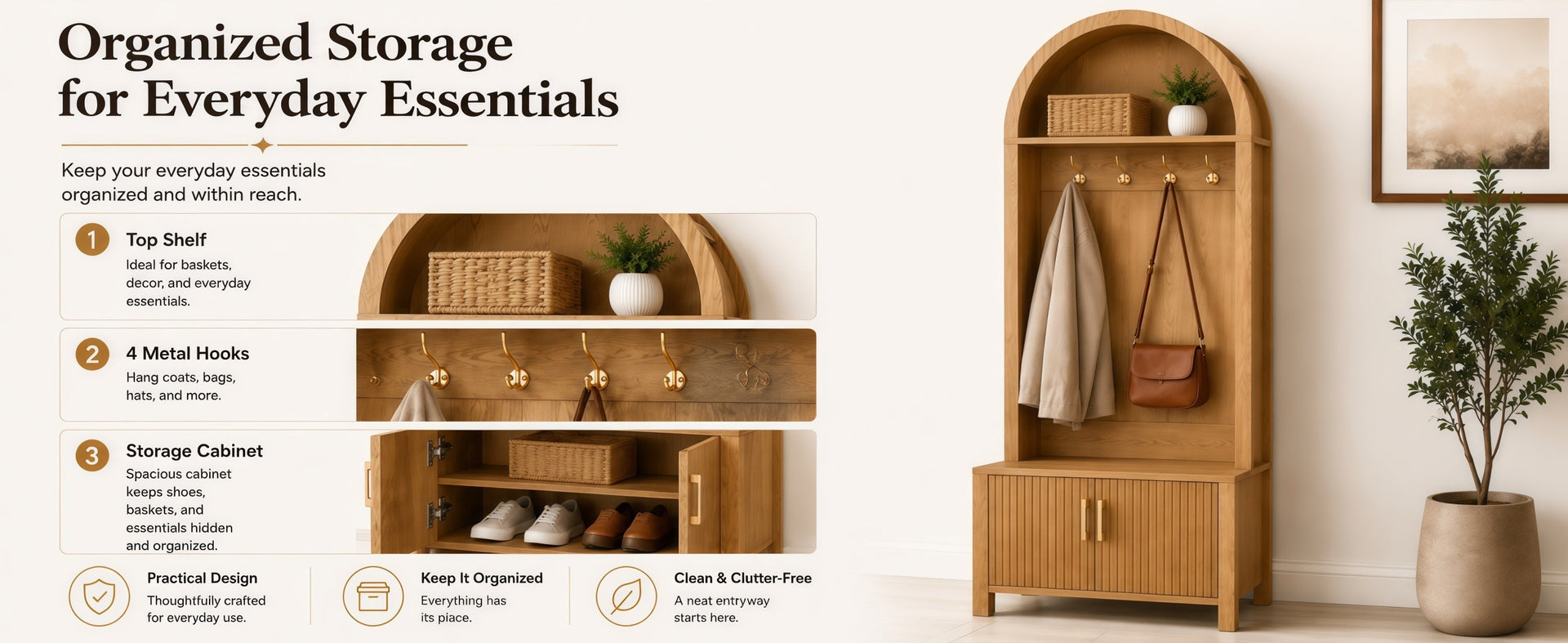 Farmhouse Hall Tree with Storage Bench & Cabinet – Entryway Organizer with Coat Hooks