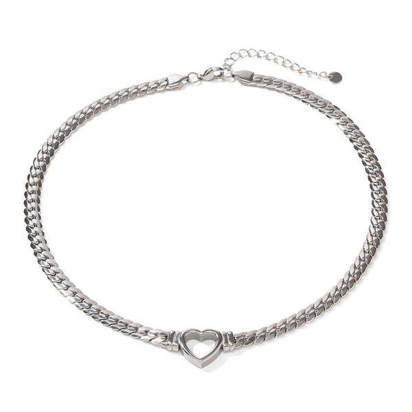 Stainless steel Cuban chain heart-shaped necklace with hollowed out flat snake chain heart pendant necklace for women