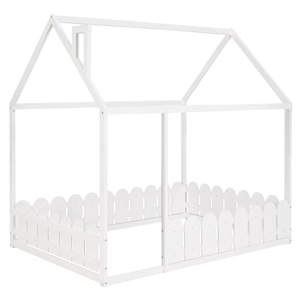 (Slats are not included) Full Size Wood Bed House Bed Frame with Fence for Kids Teens Girls Boys (White ) - Gifts for You 'n Me