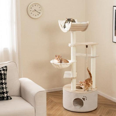 55.5 Inches Tall Wooden Cat Tree with Washable Plush Cushions for Indoor Cats