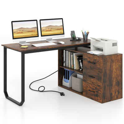 55 Inch Reversible L Shaped Desk with 3 Drawers Home Office Desk with Adjustable Shelf-Rustic Brown