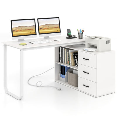 55 Inch Reversible L Shaped Desk with 3 Drawers Home Office Desk with Adjustable Shelf-White