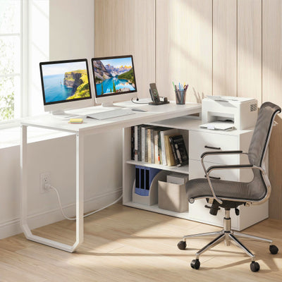 55 Inch Reversible L Shaped Desk with 3 Drawers Home Office Desk with Adjustable Shelf-White
