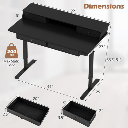 55 Inch x 27 Inch Electric Standing Desk with Drawers-Black