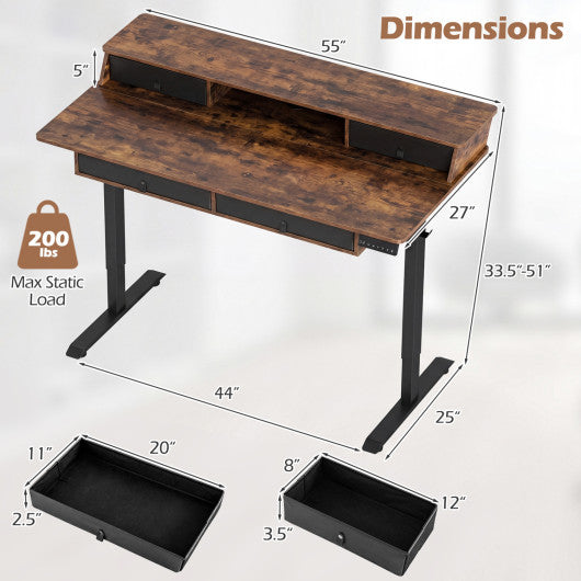 55 Inch x 27 Inch Electric Standing Desk with Drawers-Rustic Brown