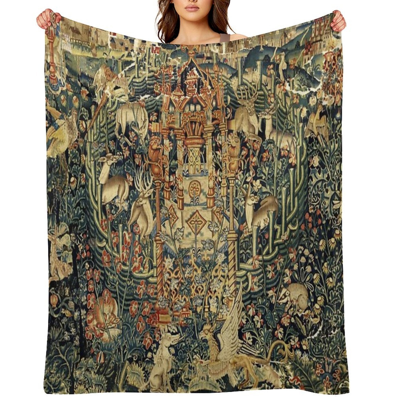 SOURCE OF LIFE Verdure with Forest Animals in Private Garden, Floral Medieval Tapesty Shrink-resistant Throw Blanket