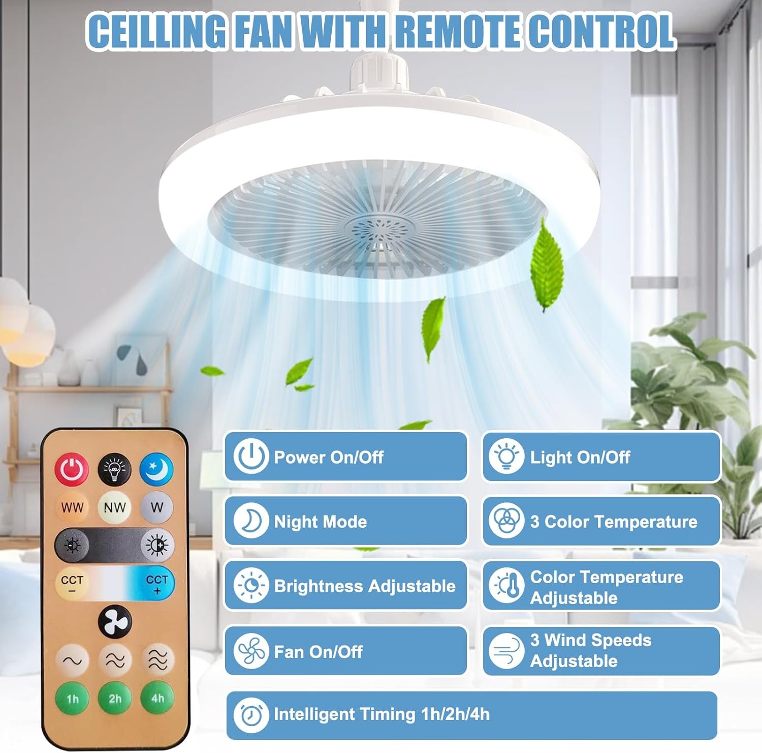Ceiling Fan with Lights E27 30W Ceiling Light with Fans and Remote Control Timing 3 Color Dimmable LED Lamp 3 Speeds Whisper-Quiet Ceiling Light Bulb Fan for Bedroom Home Office Dormitory