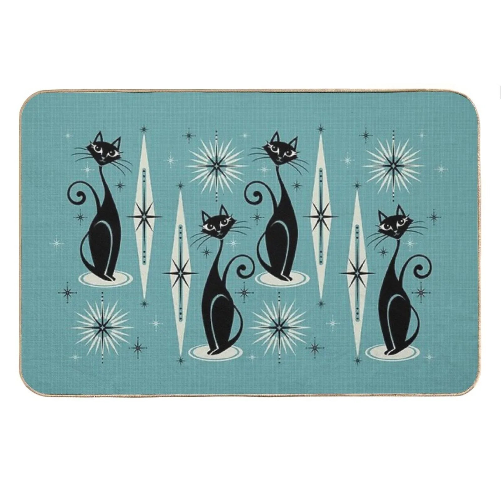 Mid Century Meow on Blue Bath Mat