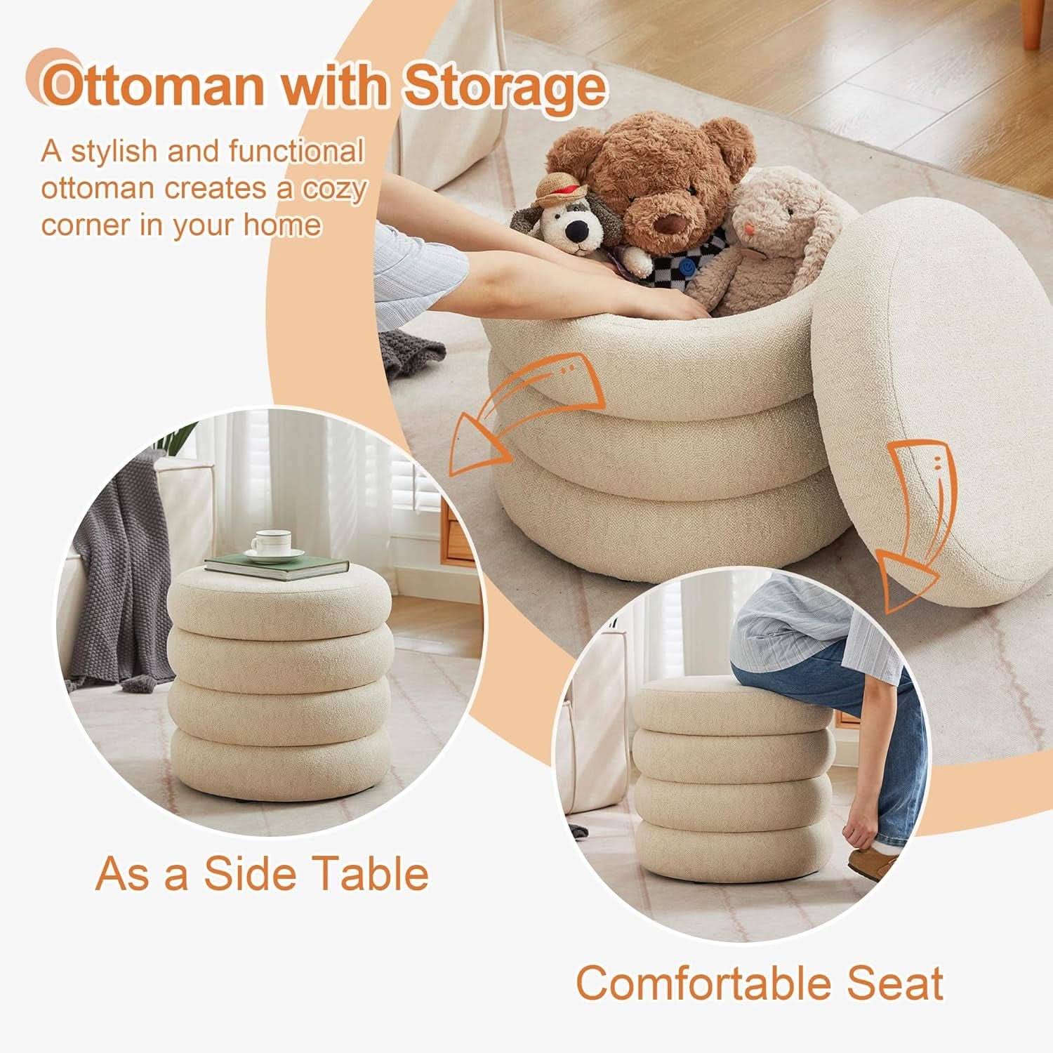 Beige Linen Upholstered Round Storage Ottoman Removable Lid