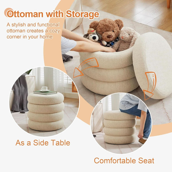 Beige Linen Upholstered Round Storage Ottoman Removable Lid