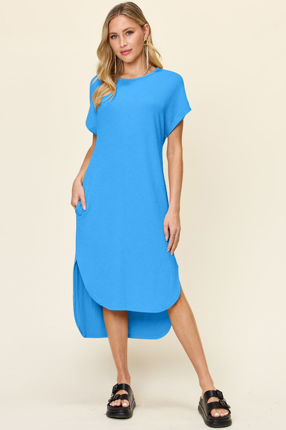 Double Take Full Size Round Neck Short Sleeve Slit Dress Stylish & Comfortable Casual Dress