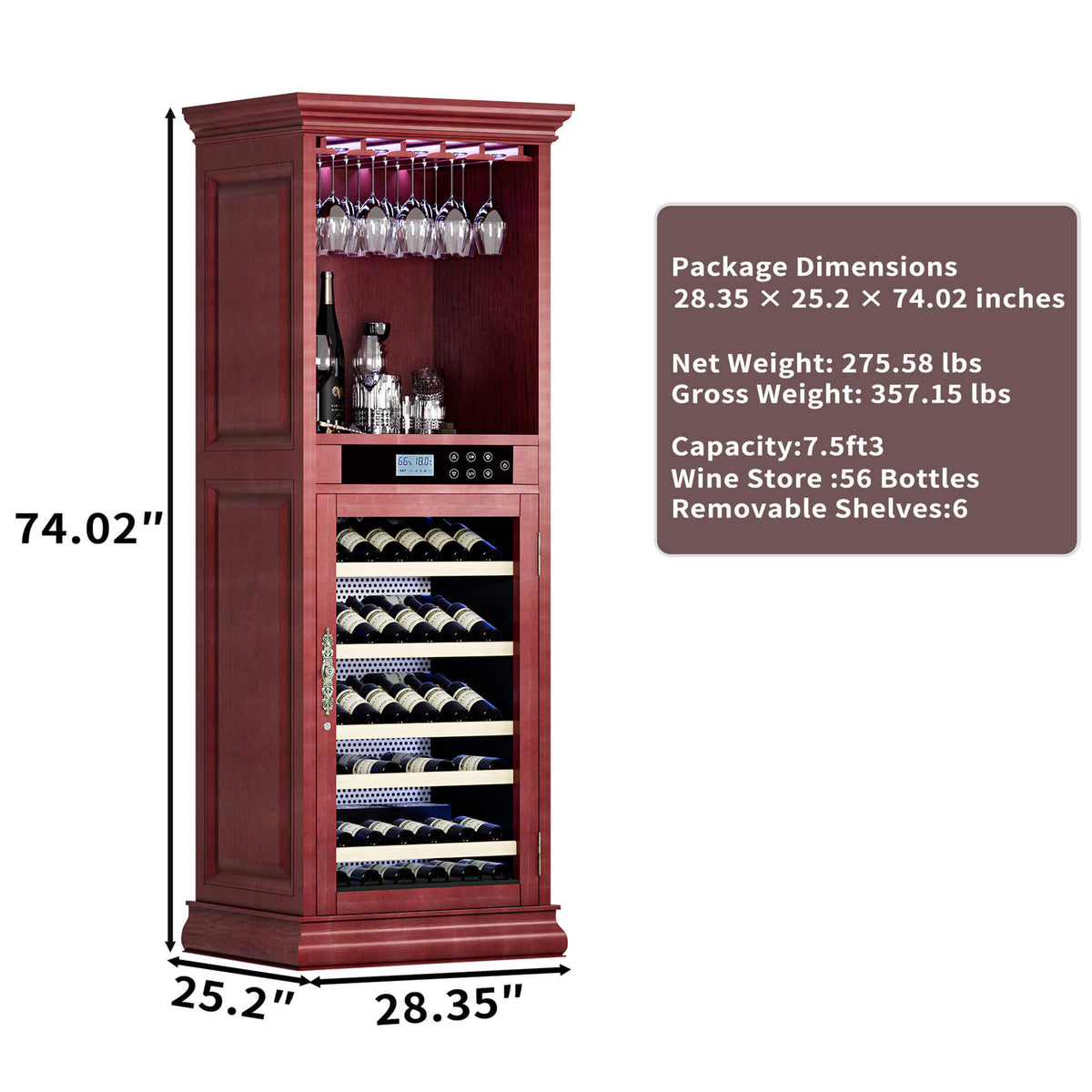 56-Bottle 7.5 Cu.Ft Single-Zone Multi-Tiered Wooden Wine Cooler Cabinet With Humidity And Temperature Controls (SAK73195)