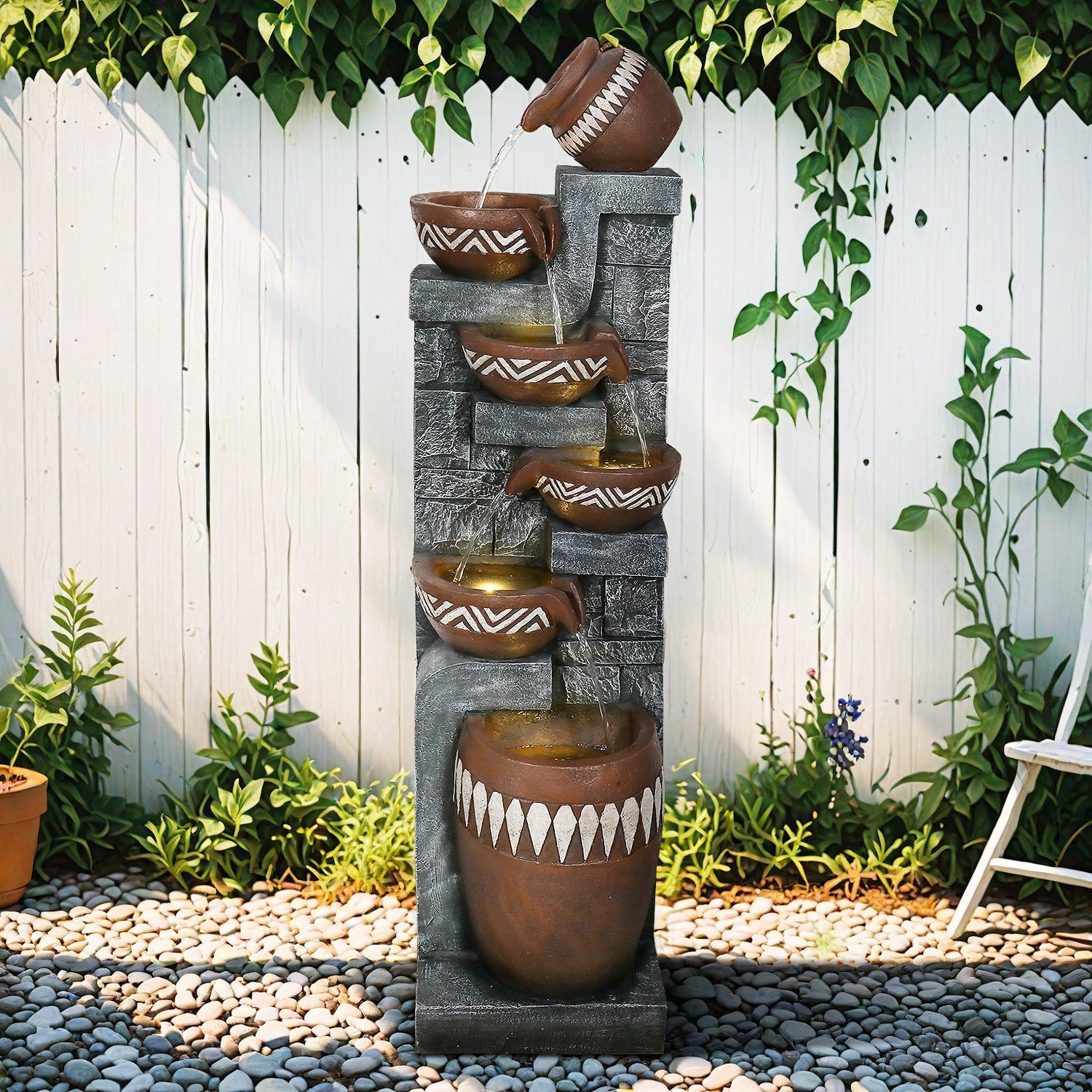 Resin Bohemian 6 Tier Tall Outdoor Water Fountain with LED