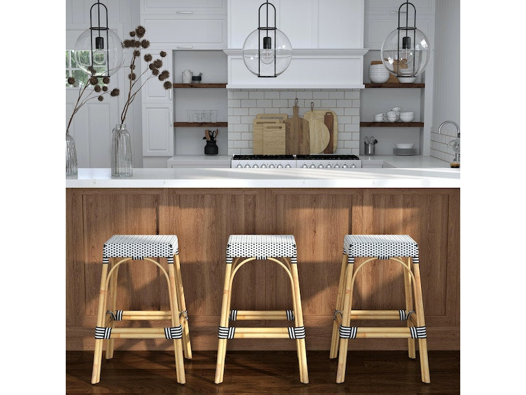 Robias Rectangular Rattan Stool in White and Black Dot