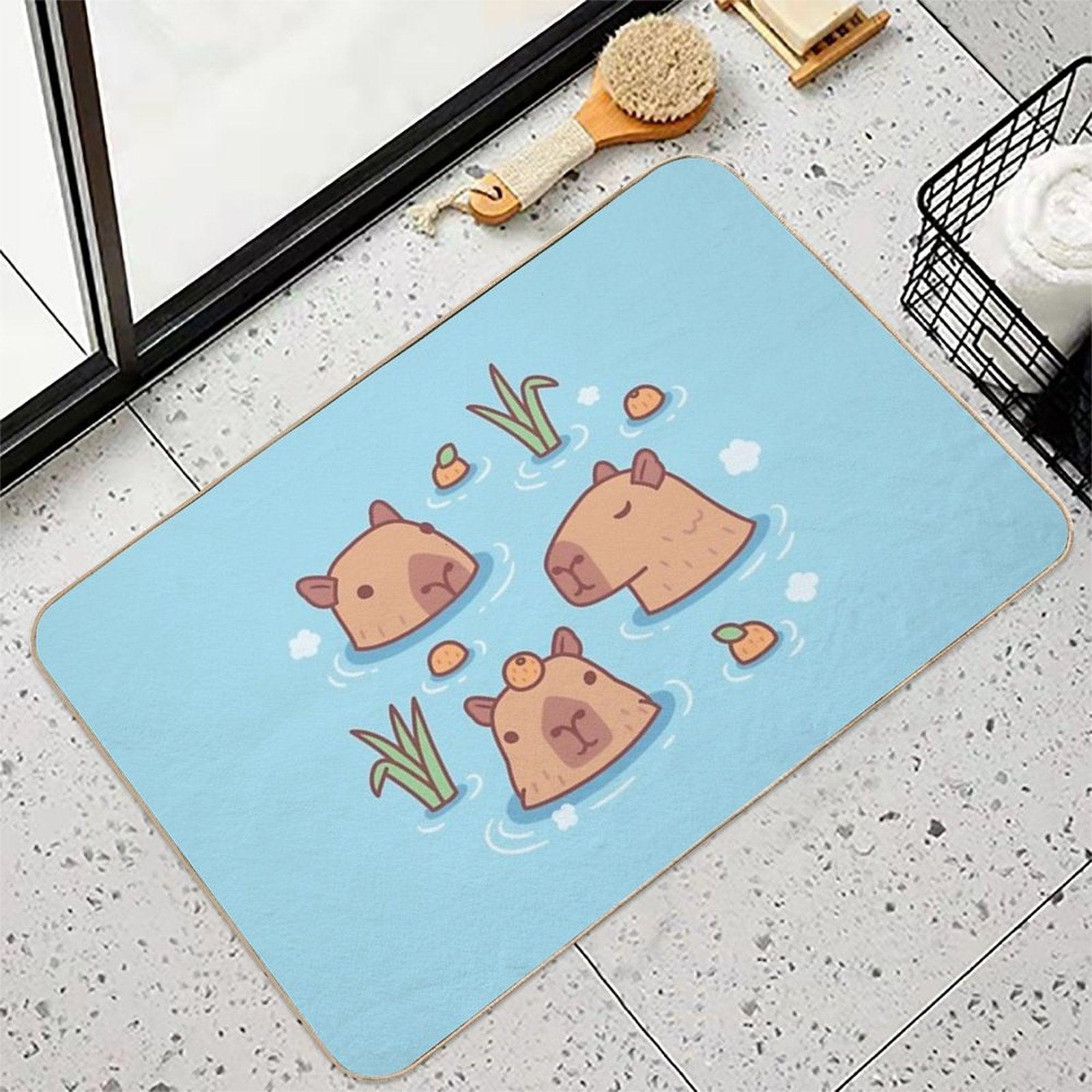 Cute Capybaras Chilling in Hot Spring With Oranges Bath Mat