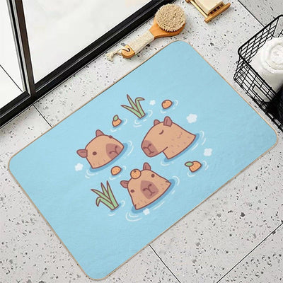 Cute Capybaras Chilling in Hot Spring With Oranges Bath Mat