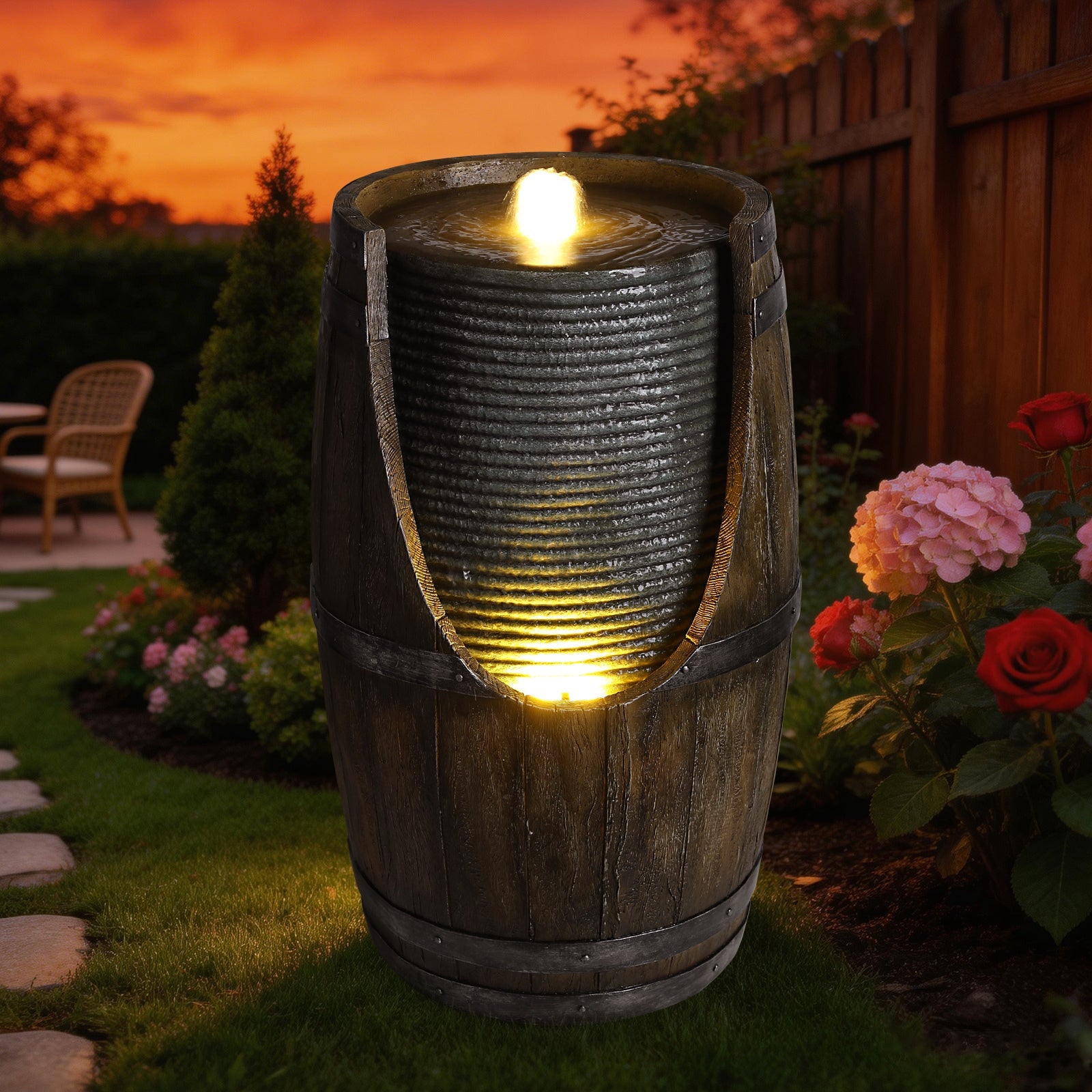 Resin Rustic Barrel Outdoor Water Fountain 24 Inch LED