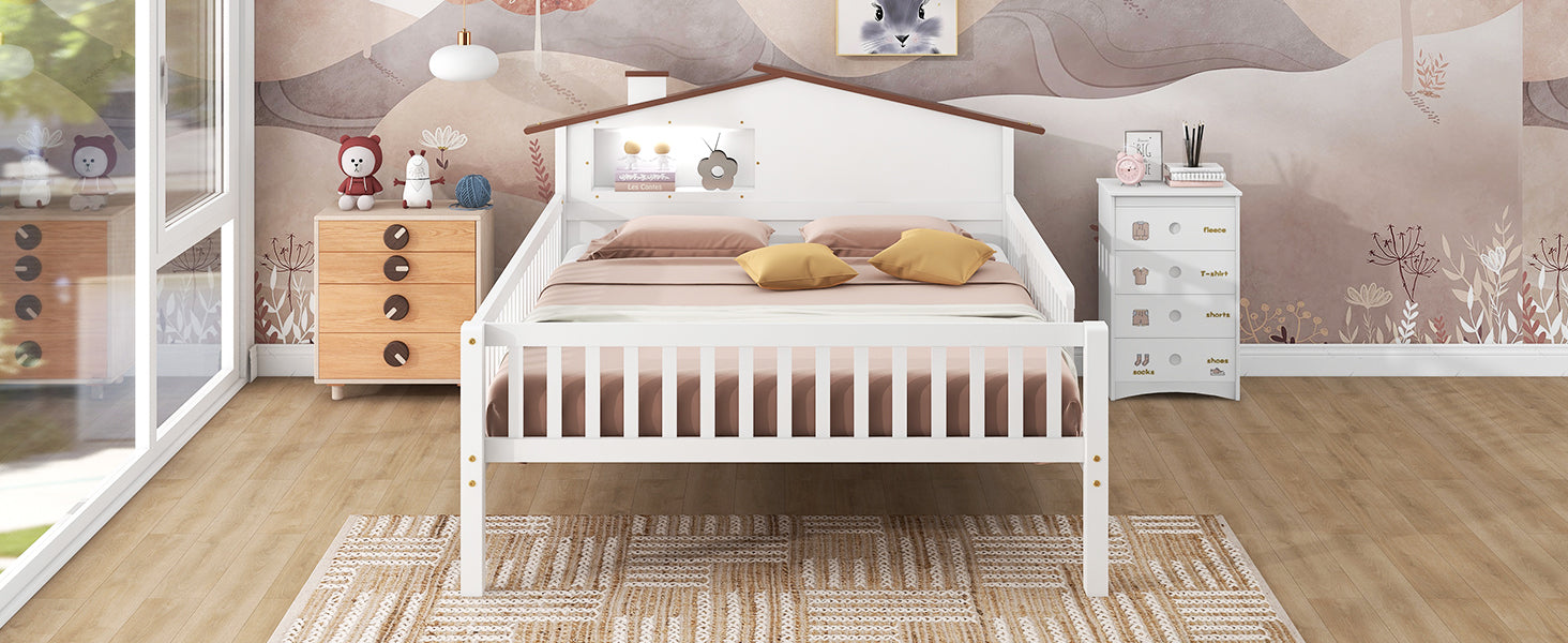 Full Size Wood Platform Bed with House-shaped Headboard, LED and Built-in Storage, White