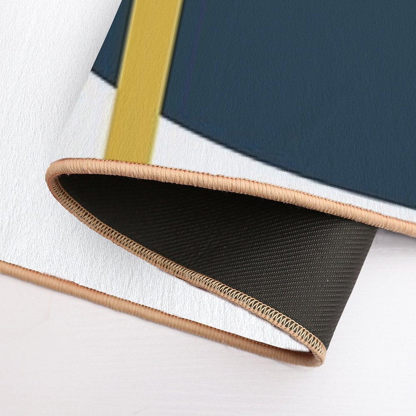 Abstract Geometric Minimalist Navy Blue, Light Mustard Yellow, And White Bath Mat
