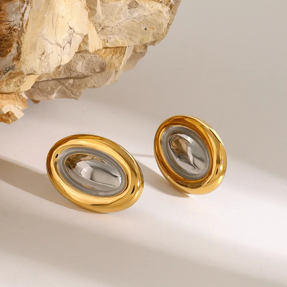 Stainless steel color blocked oval earrings fashionable and versatile titanium steel earrings