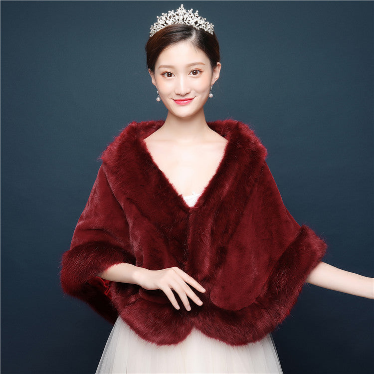 Bride's wedding dress fur shawl women's warm white cloak cheongsam jacket red cloak