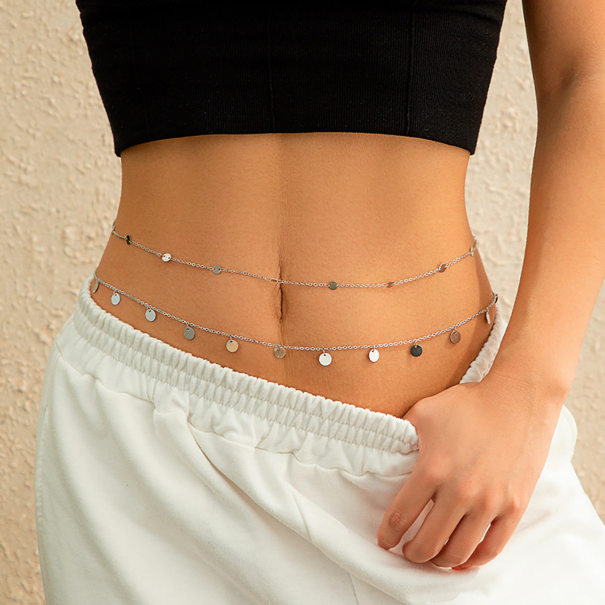 Double layered waist chain, geometric sequins, waist chain, beach party, imitation pearl body chain, fashionable
