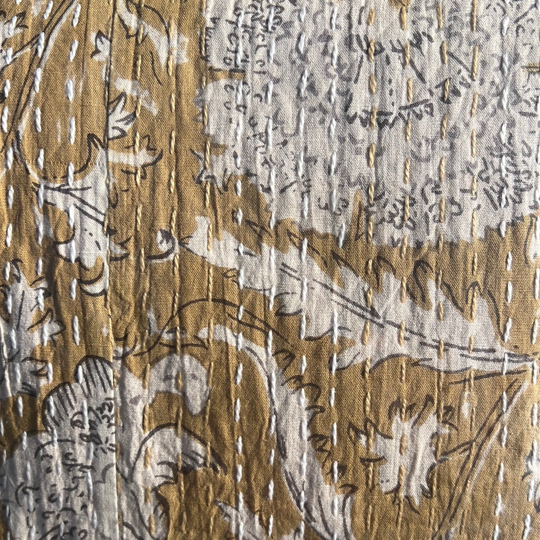 Mustard Blooms Block Print Cotton Kantha Quilt (Events)