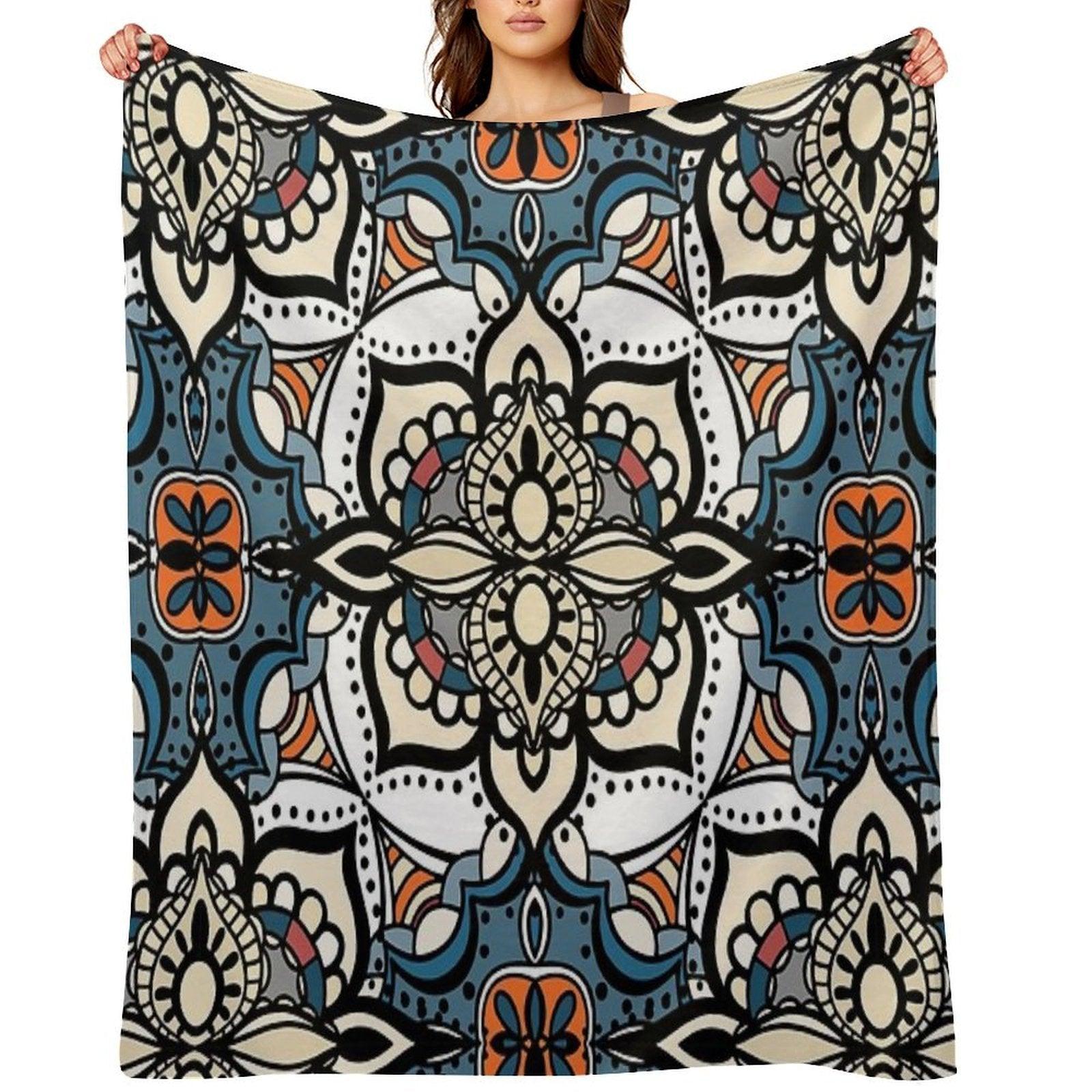 Abstract Renaissance Geometrical Flowers,  Mosaic Floral Fantasy Pattern Throw Blanket