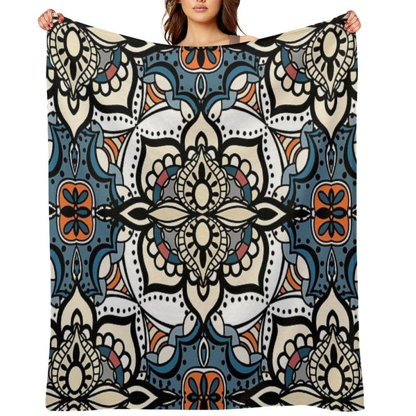 Abstract Renaissance Geometrical Flowers,  Mosaic Floral Fantasy Pattern Throw Blanket