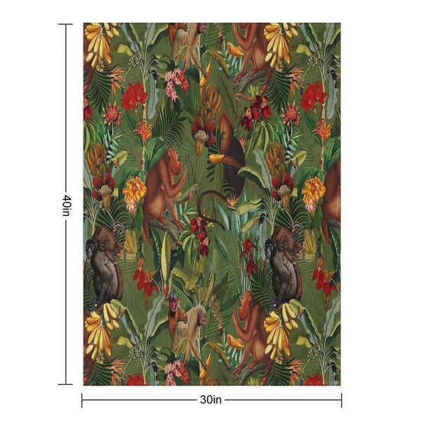 Tropical Monkey Jungle Pattern - Dark Green Botanical Night Garden Nightgarden Plush Throw Blanket