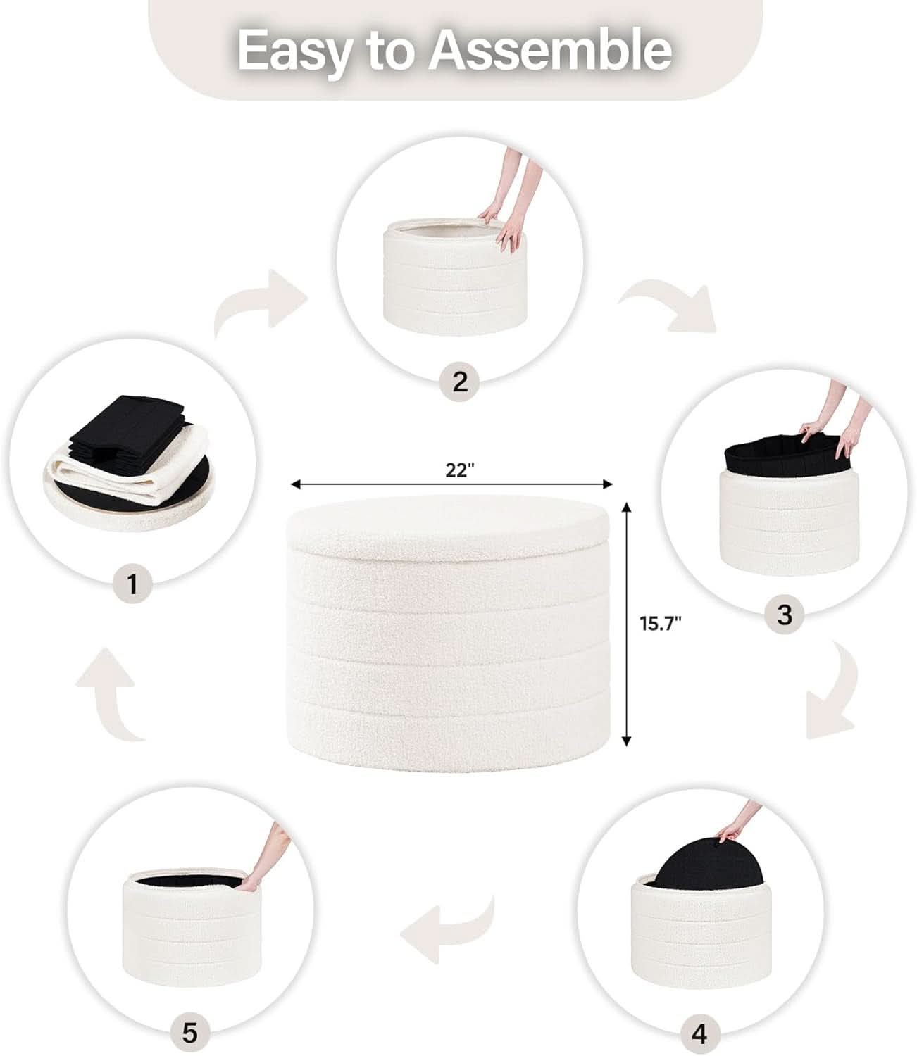 Round Sherpa Boucle Storage Ottoman White 22 Inches