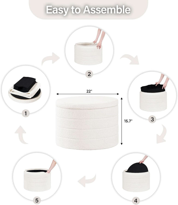 Round Sherpa Boucle Storage Ottoman White 22 Inches