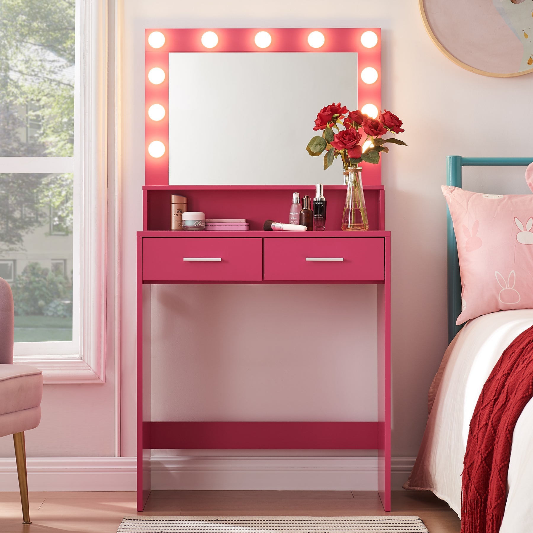 Vanity Desk with Mirror and Lights, Large Drawer and 2-Level Storage, Adjustable Brightness