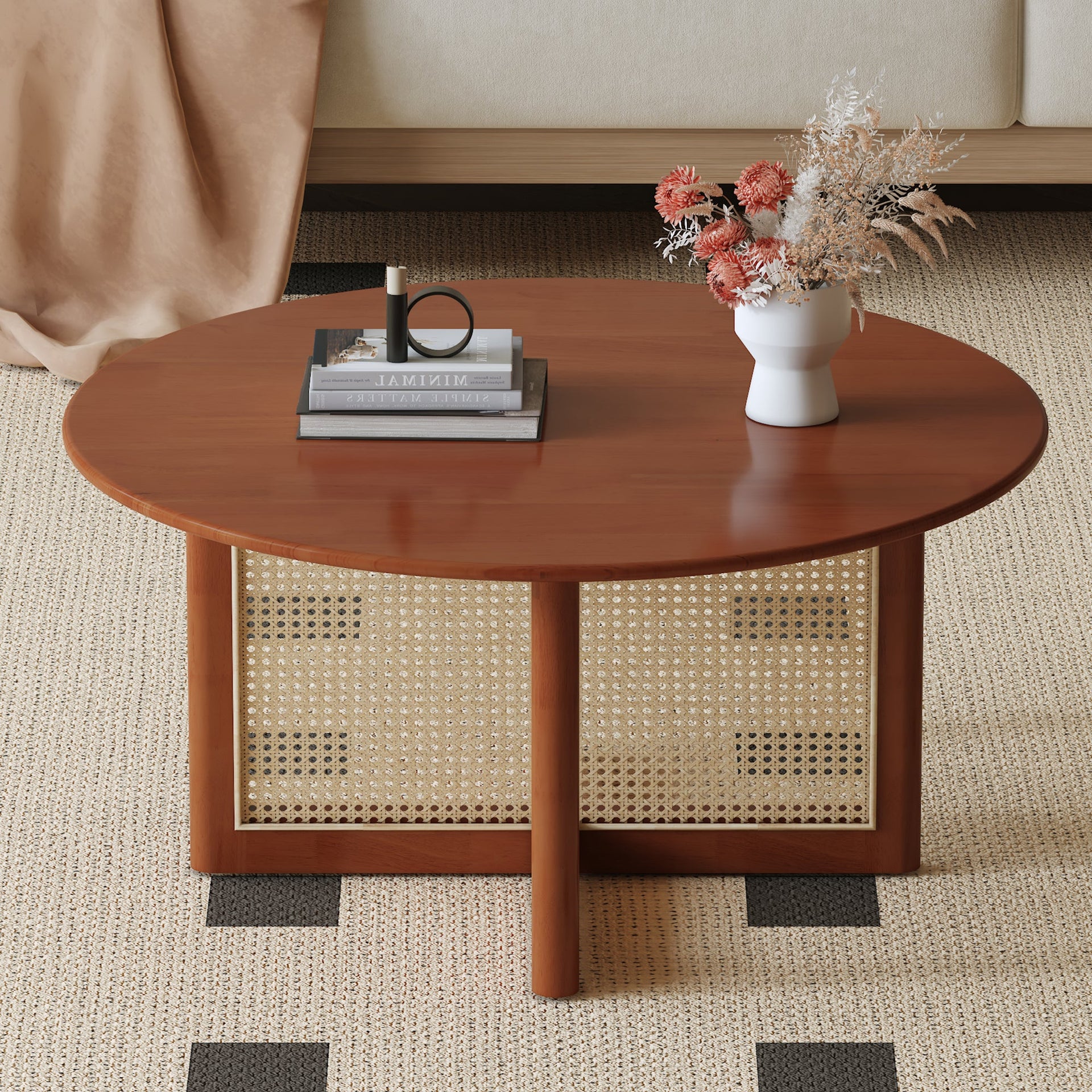 A natural and elegant deep red wooden coffee table with artificial rattan decorations, perfect for a fashionable living room and comfortable tea drinking time.W1151140563