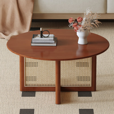 A natural and elegant deep red wooden coffee table with artificial rattan decorations, perfect for a fashionable living room and comfortable tea drinking time.W1151140563