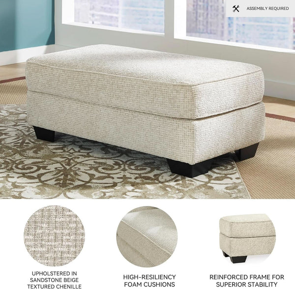 Beige Chenille Upholstered Ottoman With Cushioned Comfort