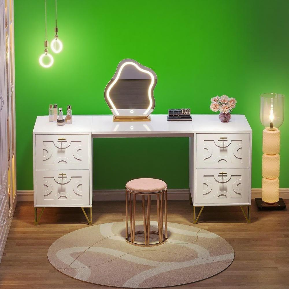 Without Mirror 59-Inch Makeup Vanity Desk With 4 Drawers, White Dressing Table With Storage, Modern Beauty Table Simple Home Office Computer Desk With Gold Legs
