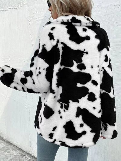 Trendy Black White Cozy Cow Print Collared Neck Button Up Fuzzy Jacket Modern & Warm Outerwear