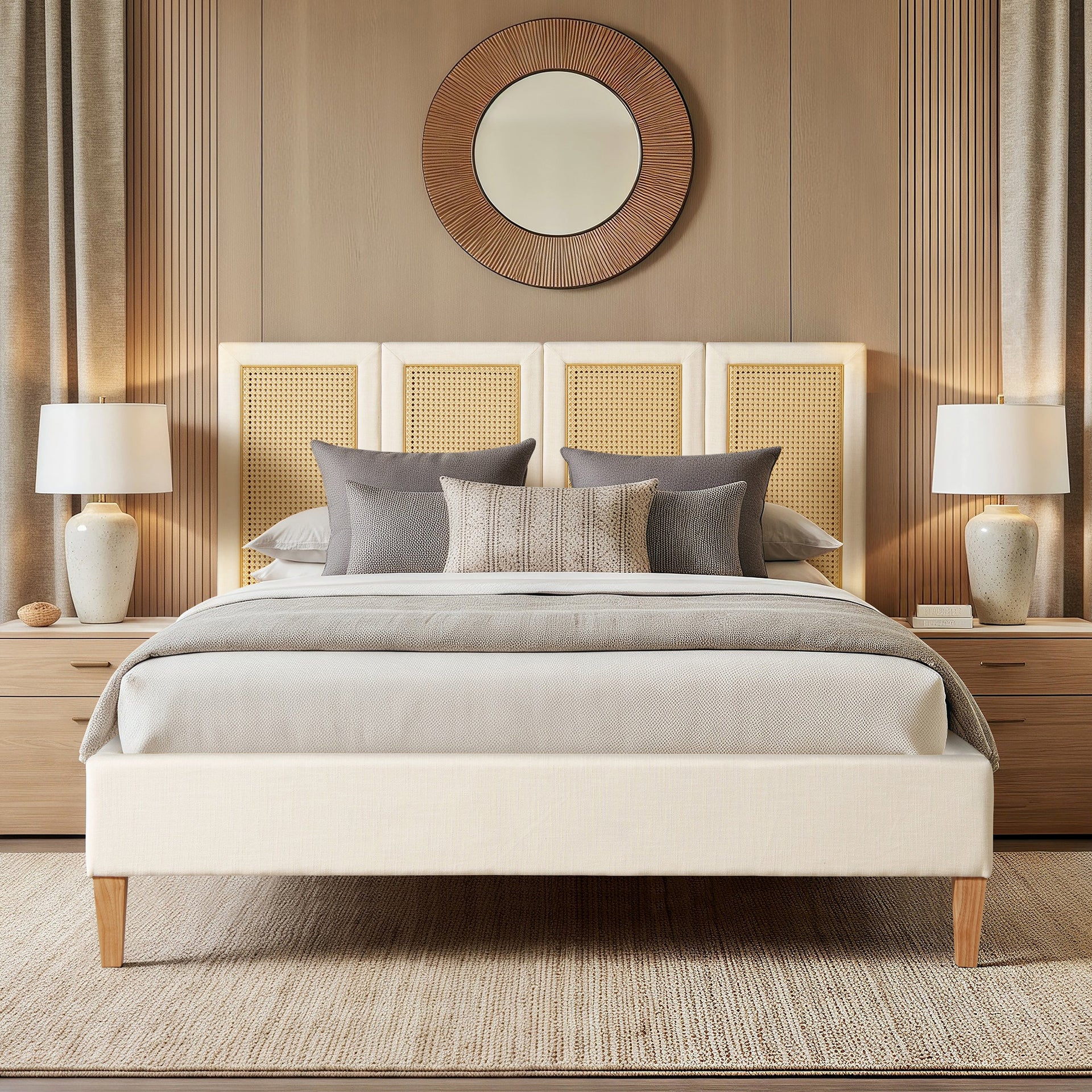 Toscana Queen Upholstered Cane Back Platform Bed, Antique