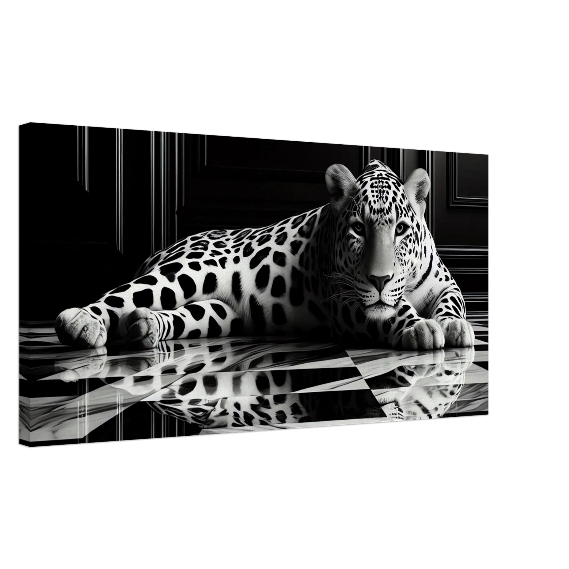Leopard Canvas Art Print – Striking Design on Black & White Checkered Marble Floor