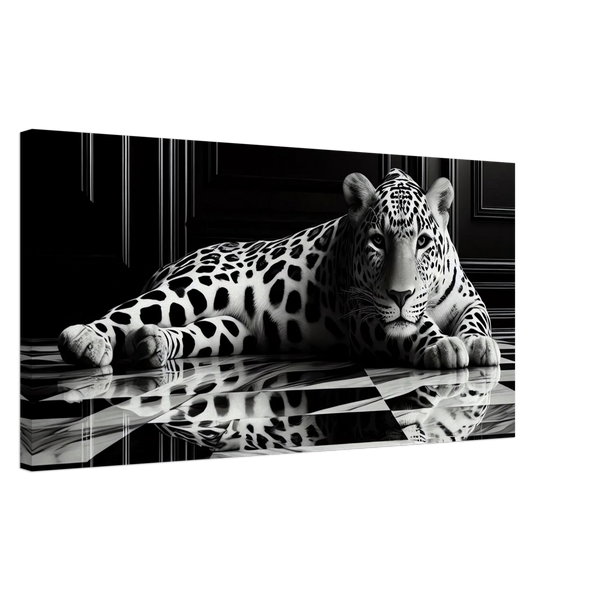 Leopard Canvas Art Print – Striking Design on Black & White Checkered Marble Floor