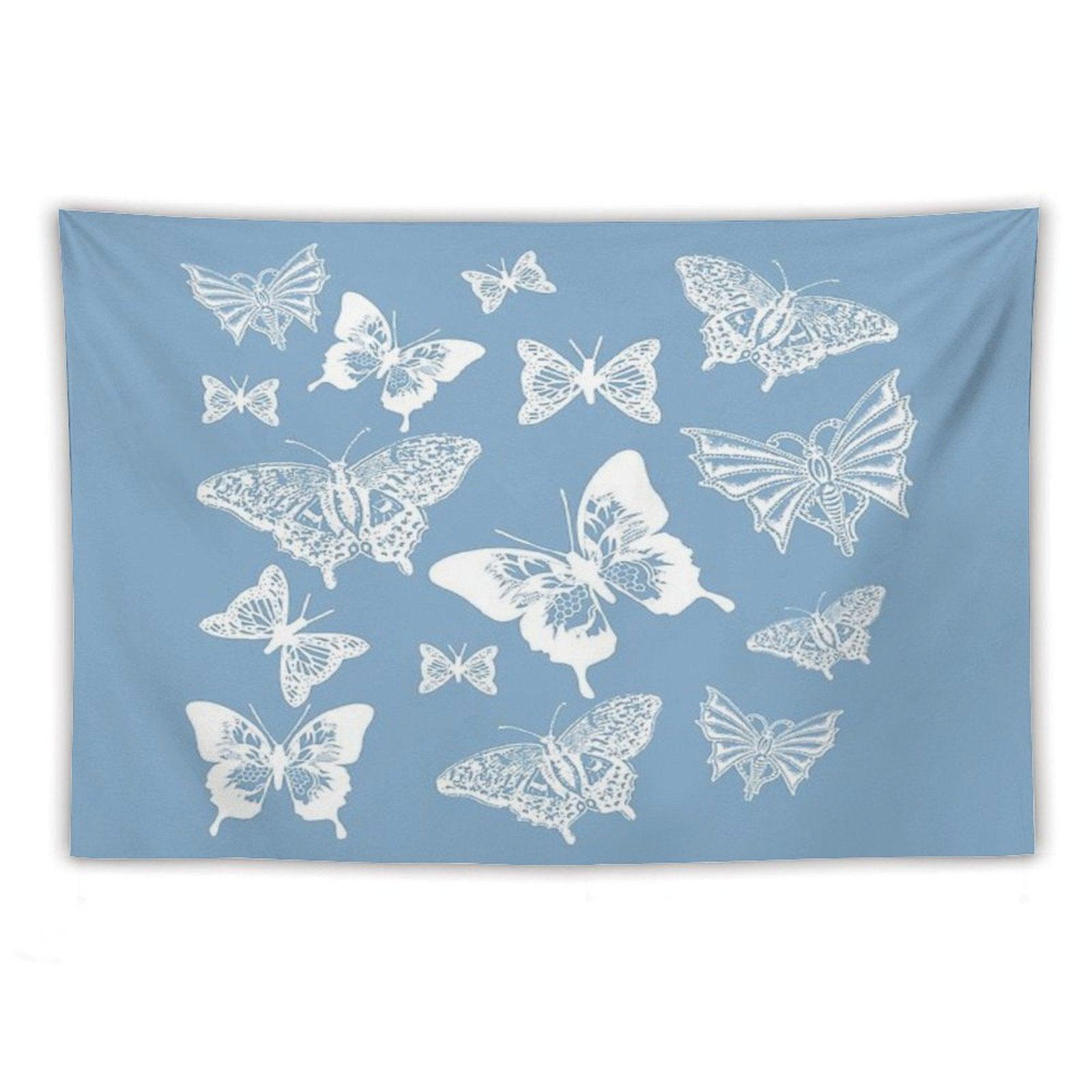 White Butterflies on Smoky Blue Grey Background Tapestry