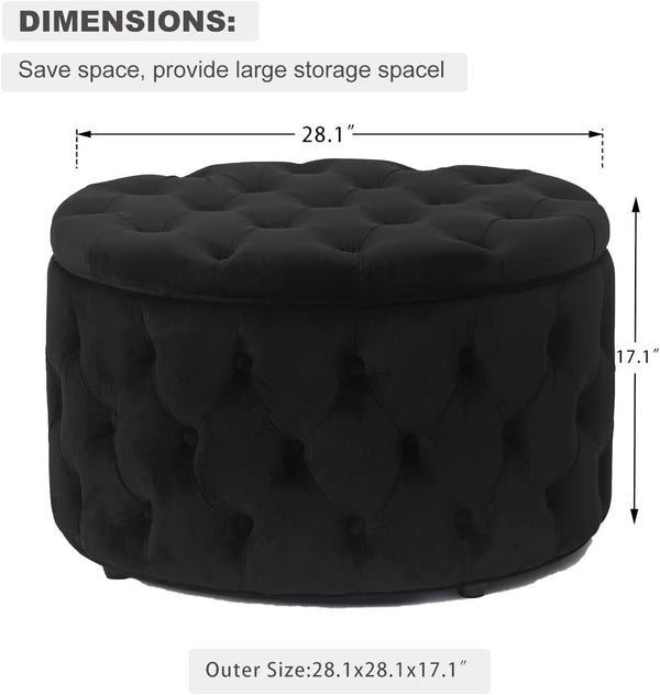 Twenty EightInch Velvety Round Storage Ottoman Black Tufted