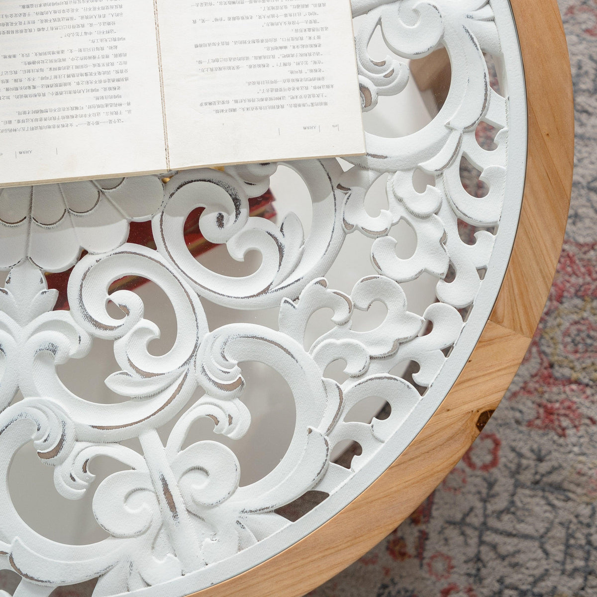 Farmhouse Round Glass Coffee Table with Open Storage Shelf & Antique White Finish