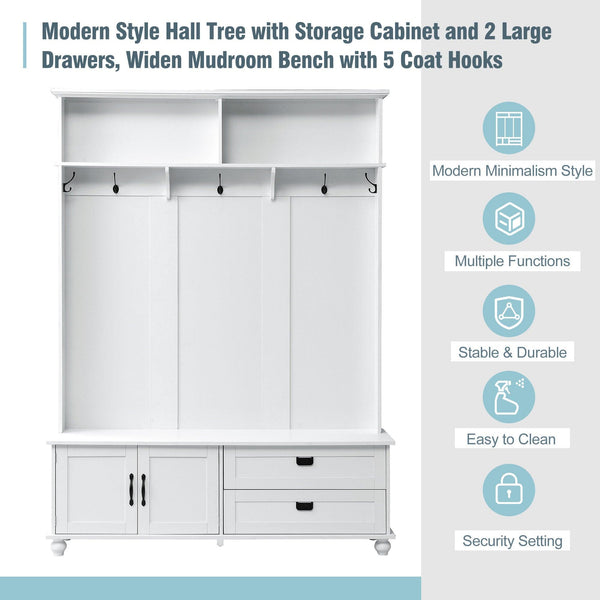 ON-TREND Modern Style Hall Tree with Storage Cabinet and 2 Large Drawers, Widen Mudroom Bench with 5 Coat Hooks, White